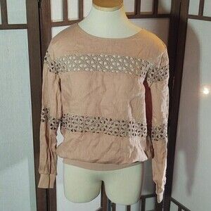 Sincerely Jules Linen Tan Crochet Cut Out Top Sz M
